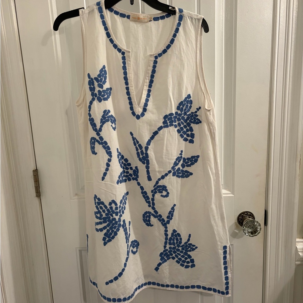 Tory Burch White Sleeveless Mini Dress with Blue Embroidery